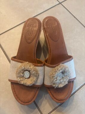 Coach Cork Wedge Slide Sandals Floral Detail Size 9